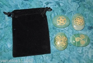 Green Aventurine Celtic Symbols 1.5" Palm Stones Set Meditation Bag NEW Pagan - Picture 1 of 3