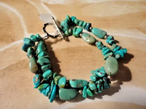 PULSERA TURQUESA 2 HILOS CON CIERRE DE PALANCA DE PLATA DE LEY ~ NUEVA CON ETIQUETAS - Imagen 1 de 1