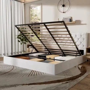 White Frame King Size Upholstered Platform Bed with Lift-Up Storage Supported by - Picture 1 of 11