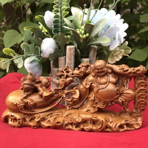 Maitreya Buddha Statue Pulling a Money Bag – Vietnamese Green Cypress Handicraft - Picture 1 of 24