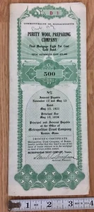 Antik 1921 Purity Wool Preparing Company Gold Bond Zertifikat Massachusetts   - Bild 1 von 11