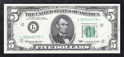 FR 1967-L* 1963 $5 *STAR* FRN FEDERAL RESERVE NOTE SAN FRANCISCO, CA GEM UNC - Image 1 of 2