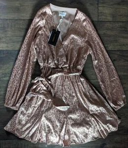143 Story Womens Size Small Shiny Gold Taupe Animal Print Wrap Dress w/ Tie NWT - Picture 1 of 16