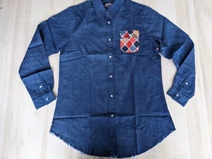 One24 Denim Shirt with Satin Quilt Back Pearl Button Front Raw Hem Women's Med. - Picture 1 of 9
