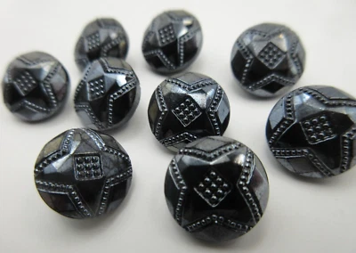 Lot of (9) 1/2" VTG 1950-60s Black w/ Blue/Silver Tint Glass Button Etched Shank - Image 1 of 4