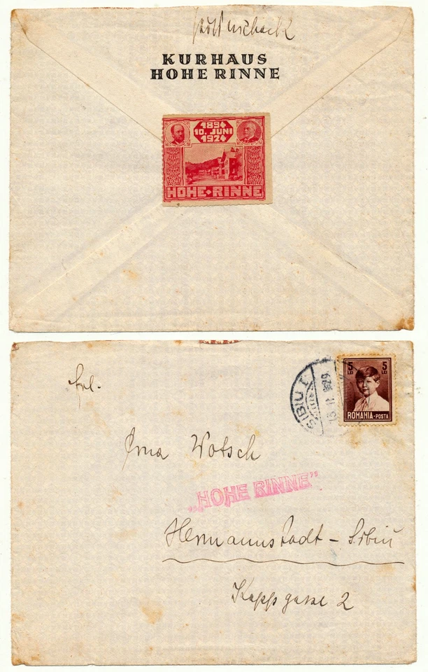 Rumania 1929 Hohe Rinne 1 sello postal de hotel Leu de 1924 uso tardío en portada, 1929 Foto 1 de 1