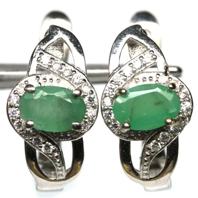 Pendientes de plata de ley 925 esmeralda verde y circón enchapados en oro blanco Foto 1 de 4