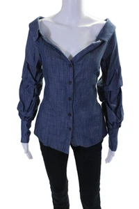 Intermix Womens Blue Chambray Off Shoulder Ruched Long Sleeve Blouse Top Size S - Picture 1 of 6