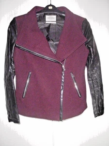 S006 Bershka Damen Flanell-Lederjacke dunkellila-schwarz Gr. S Bikerstil - Bild 1 von 4
