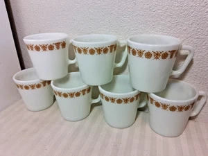 7 VINTAGE PYREX GOLD BUTTERFLY COFFEE CUPS MUGS D HANDLE - Picture 1 of 7