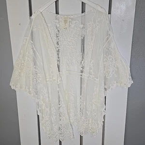 Meadow Rue Anthro Floral Lace Embroidered Kimono OS Boho Ethereal Off White  - Picture 1 of 10