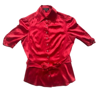 Bebe Red Silk Sexy Button-Up Blouse Puff Sleeves Medium Stretch Pinup Retro Glam - Image 1 of 4