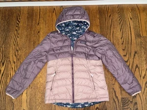Girls Patagonia Down Puffer Reversible Coat Winter Fall Purple Green Large 12 - Picture 1 of 6