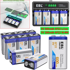 EBL 6F22 9 Volt Li-ion Battery Rechargeable Batteries / 9V Battery Charger LOT - Picture 1 of 54