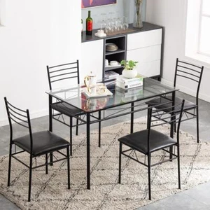 5 Piece Glass Dining Table Set 4 Chairs Kitchen Room Breakfast Black/Silver NEW - Picture 1 of 8