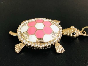 Good luck turtle pendant white pink enamel with rhinestones Gold Tone - Picture 1 of 6
