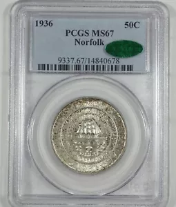1936 Norfolk, VA Bicentennial Silver Commemorative Half Dollar CAC & PCGS MS 67 - Picture 1 of 4