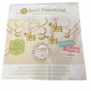 Suministros de fiesta de feliz cumpleaños Amscan paquete de 12 decoraciones de papel de aluminio remolino NUEVO feroz - Imagen 1 de 3