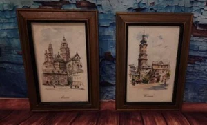 Set of 2 Framed Vintage German Watercolor postcards Weimar & Mainz edition Korsc - Picture 1 of 7