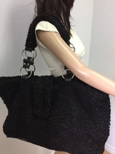 BLACK PERSIAN LAMB FUR ASTRAKAN Big BAG HANDBAG LEATHER 17"x13"x9" - Bild 1 von 5