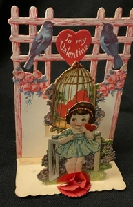 Vintage Valentinskarte blau Vogel & Liebling Mädchen um 1920 - Bild 1 von 5