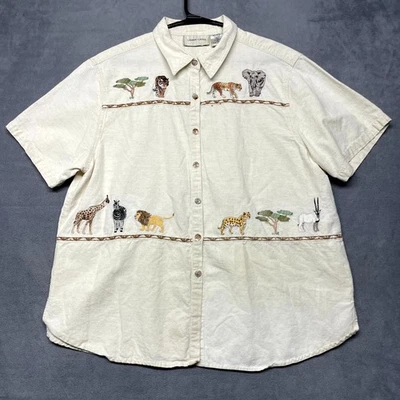 Camisa bordada vintage feminina algodão bege GG estúdio safári grama limão - Imagem 1 de 4