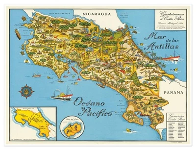 ANTIGUOS MAPS Gastro Food Map of Costa Rica | Spanish Art Print Poster Vintage Wall Decor