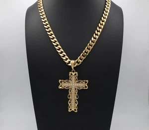 Großer 14K Gold CZ plattiert Kreuz Anhänger Halskette 11mm Kubanische Kette Herren/Damen - Bild 1 von 6