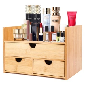 Large Bamboo Makeup Organizer with 1 Drawer and 2 Smaller Drawers, 100+1 Uses... - Picture 1 of 7
