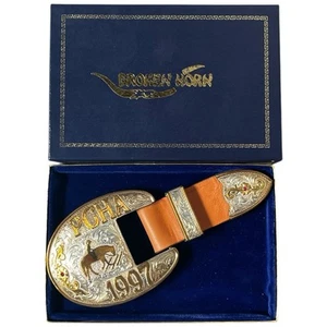 Vintage 1997 Broken Horn Silver Overlay PCHA Trophy Belt Buckle W/ End Tip Loop - Picture 1 of 7