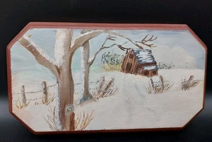 Vintage Hand Painted Winter Rustic Barn Wall Plaque Art Oil Wood Folk Art 9"x5" - Picture 1 of 3