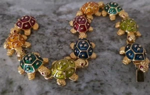 Kenneth Jay Lane Turtle Braclet 7” Long.  Green, Brown, Yellow, Orange Enamel - Picture 1 of 14