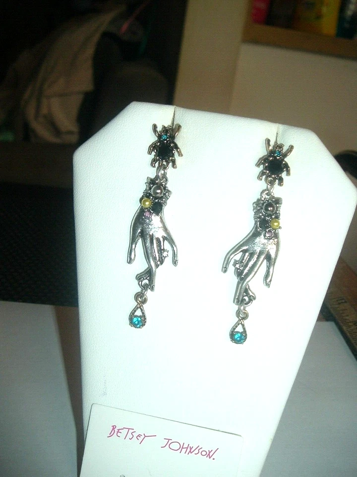 Silver Pearl + Crystal + Bug Dangling Hand Betsey Johnson Pierced Earrings-NWT - Image 1 of 4