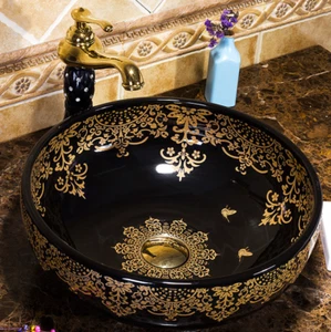 Fregadero lavabo de cerámica vintage oro negro patrón floral para baño encimera lavabo - Imagen 1 de 22