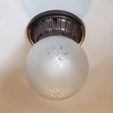 Antique Cast Iron PORCH LIGHT, Flush Ceiling, Wheel-Cut Glass Globe, RESTORED Cover