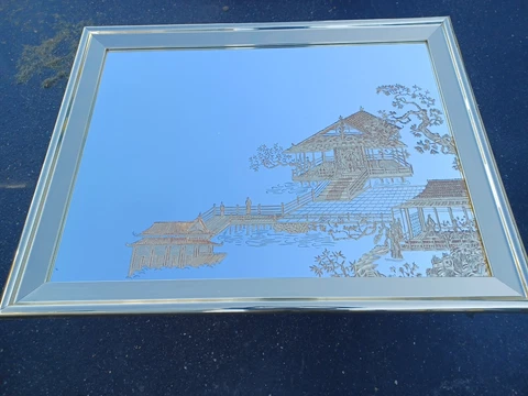 Vintage Hollywood Regency gold Etched Wall Mirror asian pagoda motif Cover