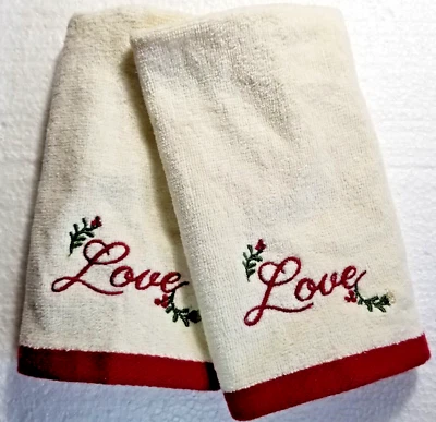 Love Embroidered Hand Towels Set of 2 Beige & Red Floral Accents Better Homes - Image 1 of 4