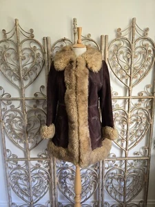 Vintage braune Wildleder Leder Lammfell Fell 70er Penny Lane Jacke Mantel S M - Bild 1 von 10