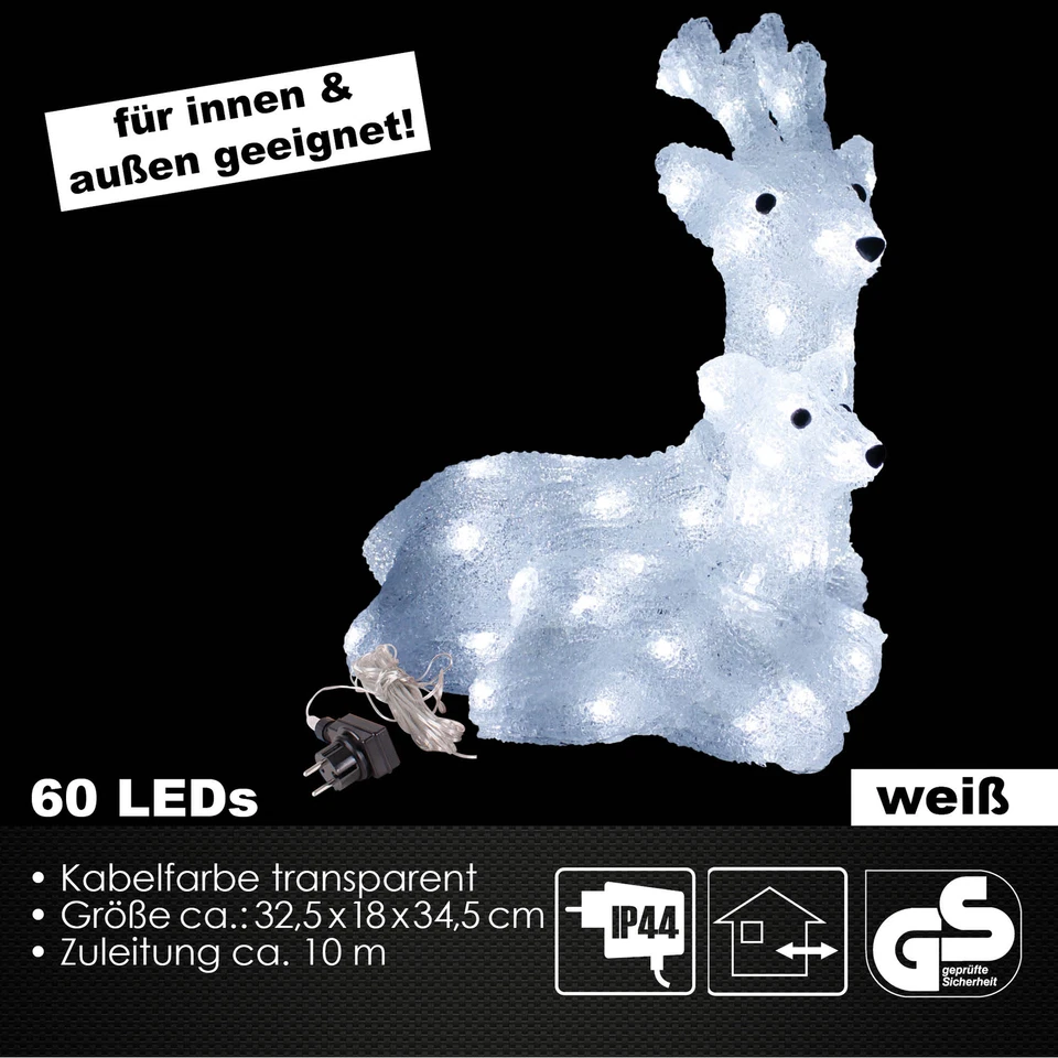 LED Weihnachtsfigur Acryl Hirsch mit Baby Figur beleuchtet Weihnachtsdeko 60LEDs - Bild 1 von 2