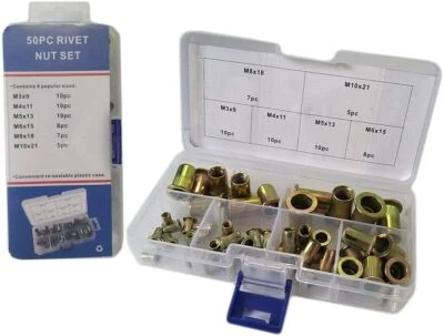 SET 50 INSERTI (RIVETTI) FILETTATI IN ACCIAIO OTTONATO DA M3 A M10 RIVETTATRICE - Immagine 1 di 3