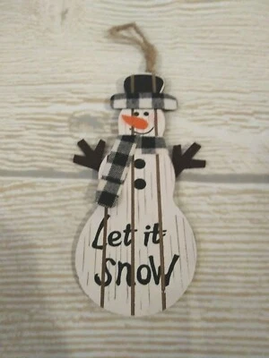 New! Snowman Wood Christmas Ornament Let It Snow Buffalo Check Plaid Winter Snow - Image 1 of 4