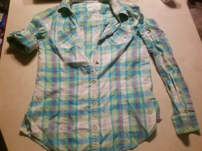 Youth green plaid long sleeve button down top Mudd sz. refer to measurements - Image 1 of 4