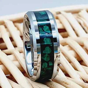 Green Stone Malachite Chip Inlay Engagement Rings Silver Tungsten Proposal Band - Picture 1 of 7