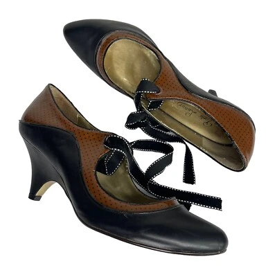 Poetic License London Leather Pumps Heels 2-Tone Camel Polkadot Black Tie Size 9 - Image 1 of 4
