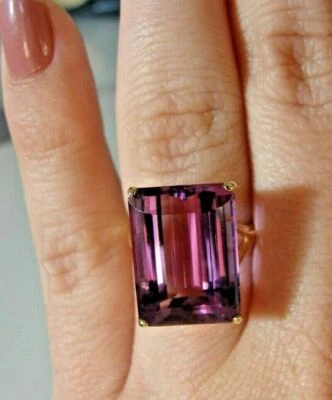 WOW! ENORME ANILLO LLAMATIVO PIEDRA AMATISTA ROSA PÚRPURA ORO AMARILLO 14K CORTE ESMERALDA Foto 1 de 4