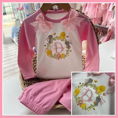 Personalised Girls Easter Pyjamas Chick Happy Easter Pink Pyjamas 0-10y bow 2024 — 第 1/4 张图片