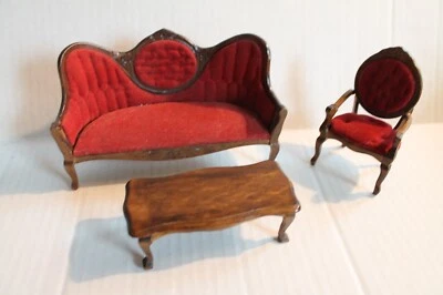 Conjunto de 3 peças de sofá, cadeira e mesa vintage para sala de estar para casa de bonecas vermelho - Imagem 1 de 4
