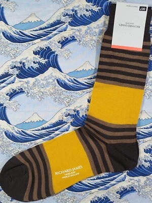 Richard James X Pantherella Mens English Wool Socks Stripe Chocolate 7.5-9.5 £18 - Image 1 of 4