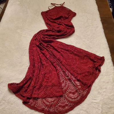 My Michelle VTG Y2K Burgundy  Lace Mermaid Shimmer Prom Party Undrebra Slit XS - Image 1 of 4