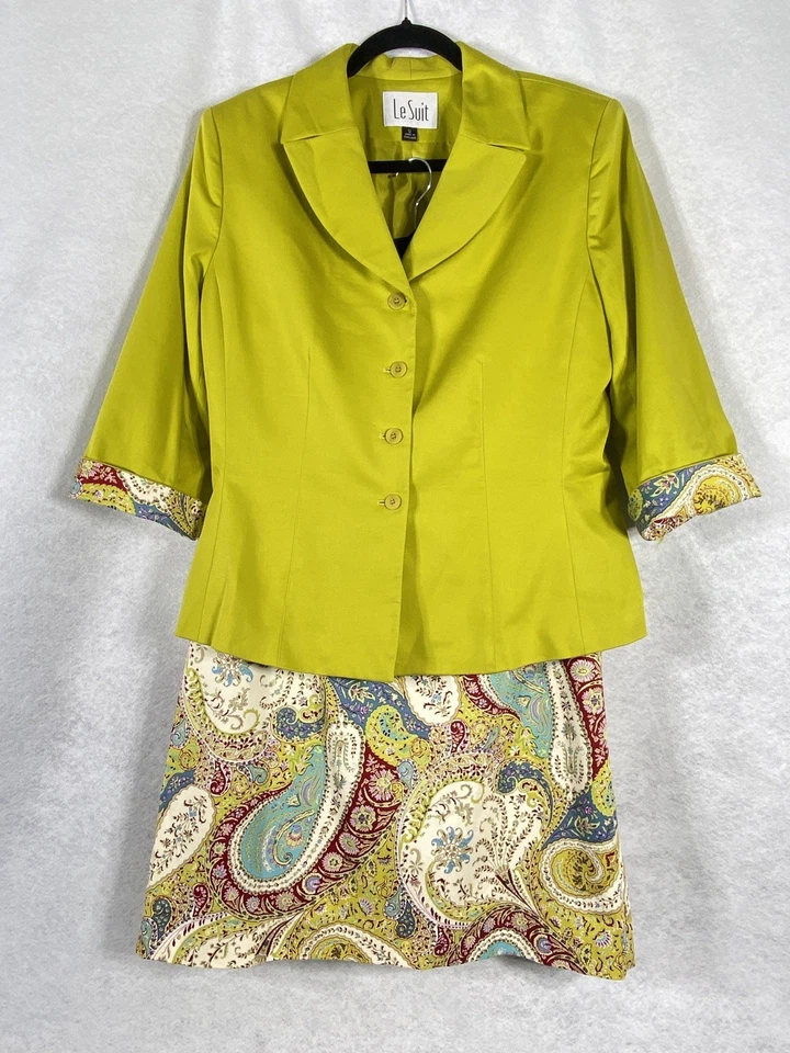 Le Suit 2 piezas Falda Traje Para Mujer’s 12 Verde Rojo Blazer Botones Paisley Mangas Largas Foto 1 de 4